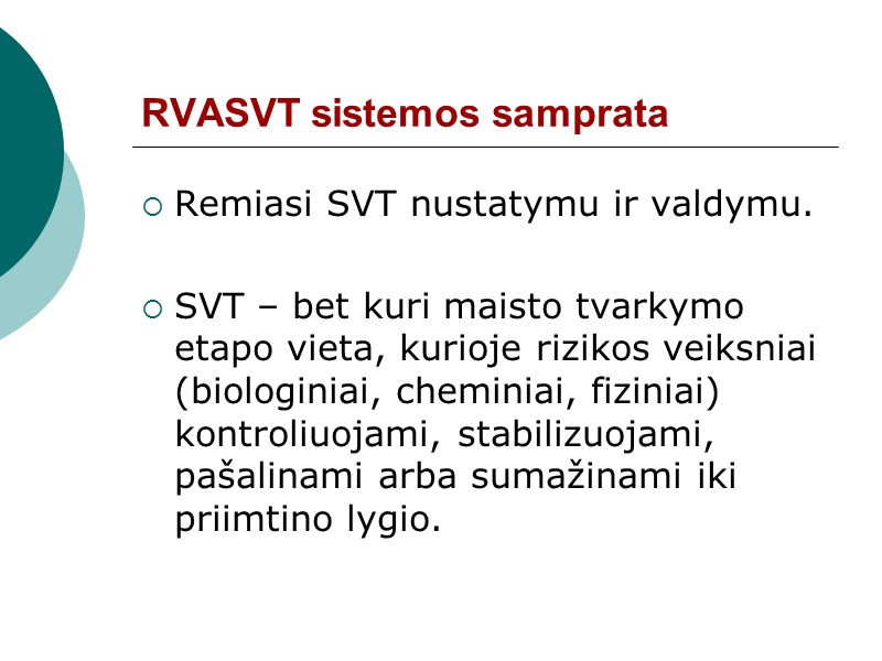 RVASVT sistemos samprata Remiasi SVT nustatymu ir valdymu.  SVT – bet kuri maisto